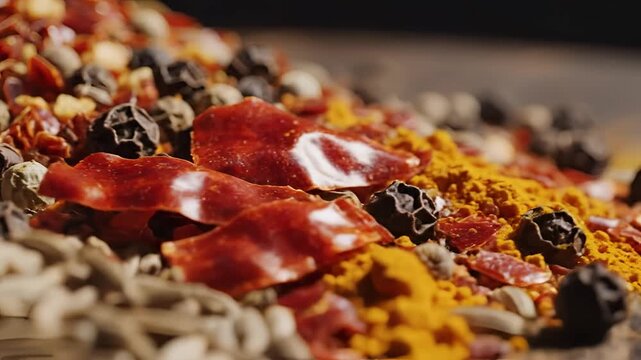Closeup Macro View of Assorted Dried Spices and Herbs.