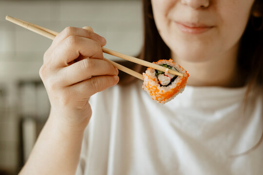 Relaxing day at home enjoying delicious sushi