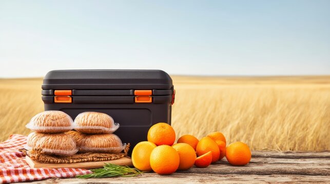 Picnic Setup with Stacked Oranges and Buns in a Dry Savanna Landscape
