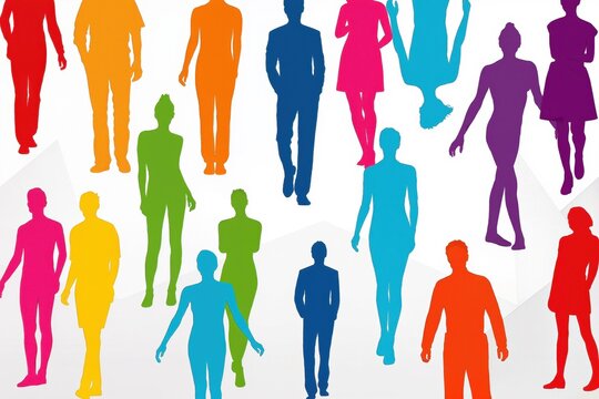 Silhouettes color&eacute;es de personnes repr&eacute;sentant la diversit&eacute;, inclusion et mixit&eacute; sociale sur fond clair
