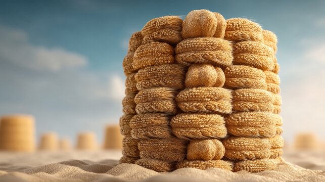 Bundled Wheat Sheaves Arranged Upright in Circular Formation Against Sky