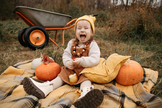 Girl laughing with pumpkins near wheelbarrow in autumn