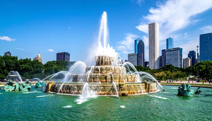 Fototapeta premium Majestic tiered fountain with city skyline backdrop