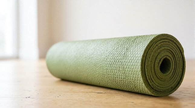 Green yoga mat rolled on wooden floor in studio setting, perfect for comfortable practice. Yoga mat features non-slip texture for stability and ease during exercises.