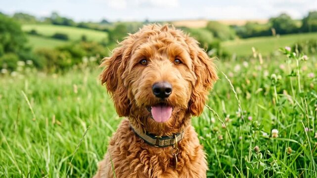 irish doodle dog ireland close up with green grass field video