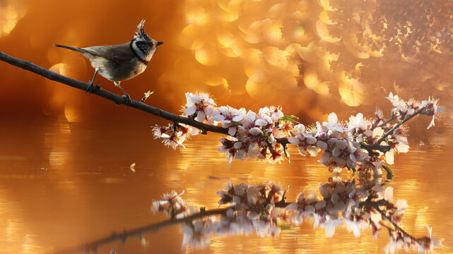 Coal tit on blooming branch over golden water bokeh