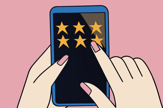 Mobile app star rating on smartphone screen with user tap