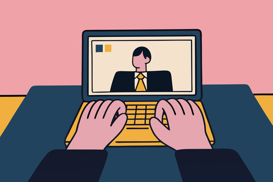 Business professional joining online meeting on laptop at desk