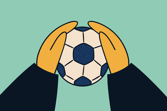 Person with yellow hands holding a soccer ball in a simple design