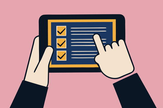 Person checking checklist on tablet in modern flat design