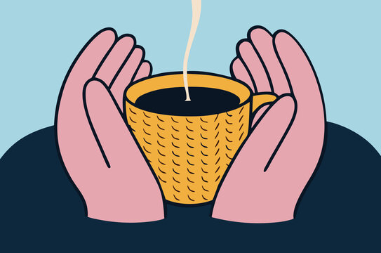 Hands holding warm yellow coffee cup with rising steam