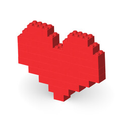 Naklejka premium Red heart made by realistic Lego plastik constructor parts isolated on transparent background. Love and feelings concept. Love you creative icon. 3D rendered vector editorial illustration