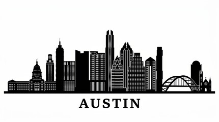 Fototapeta premium A horizontal banner featuring the Austin city skyline, shown as a black-and-white silhouette of Austin, USA, presented as a vector template for design use.