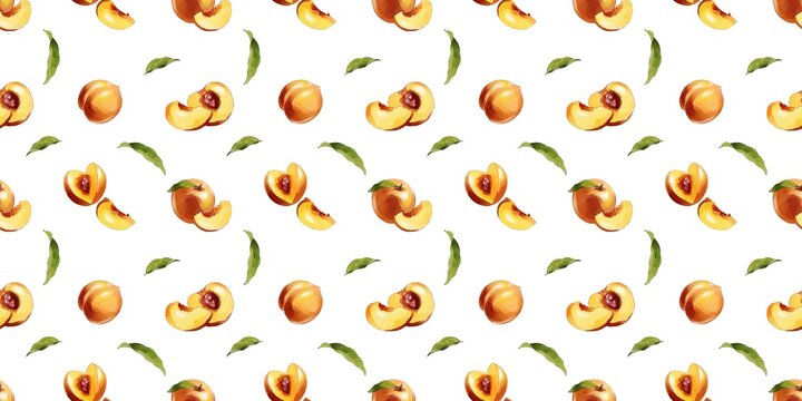 Peach pattern showing whole and sliced peaches with green leaves on a white background for fruit-themed designs