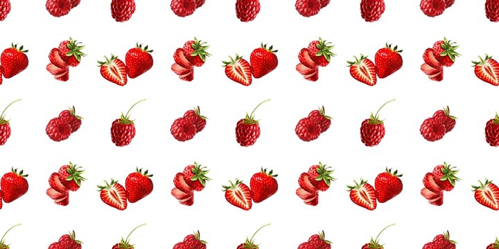 Bright red berries on a white background showing strawberries and raspberries arranged in a repeated pattern