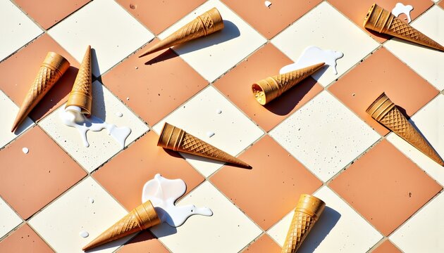 Scattered Ice Cream Cones on Sunlit Checkered Tile Floor