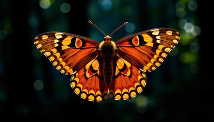 Fototapeta premium Vibrant Monarch Butterfly with Outstretched Wings Against Bokeh Forest Background