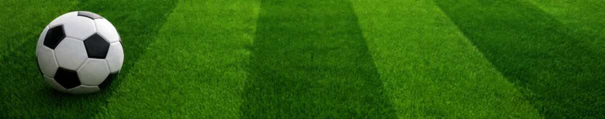 Fototapeta premium Classic black and white soccer ball resting on a lush green grass field. Wide-angle shot featuring a striped lawn pattern, perfect for sports concepts, championship banners, and athletic background th