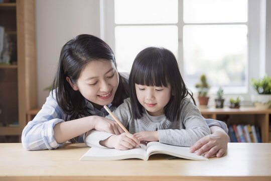 Parents accompagnant leurs enfants dans l&rsquo;apprentissage &agrave; la maison, &eacute;criture, jeux &eacute;ducatifs et soutien scolaire en famille