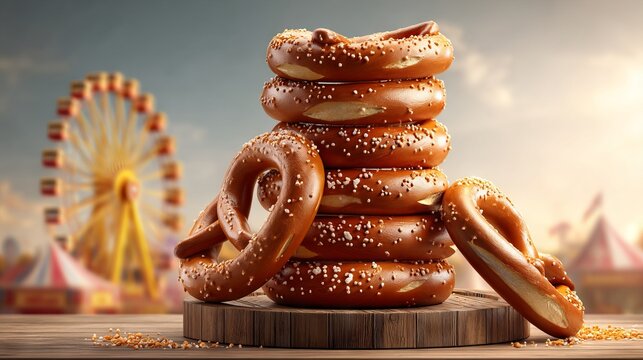 Stack of Traditional Pretzels on a Wooden Board Amid Fair Background