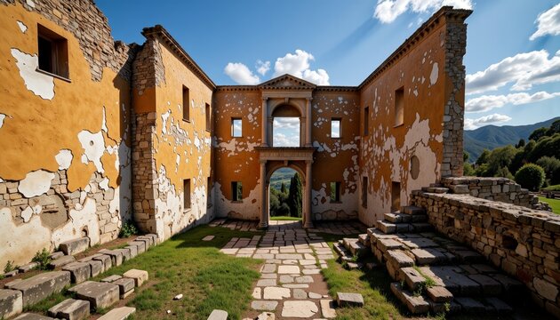 Sunlit Ruins with Weathered Yellow Walls and Archway Overlooking Mountainous Landscape