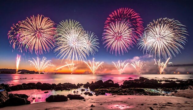 A vibrant nighttime display of colorful fireworks bursting over a tranquil ocean scene, reflecting in the water