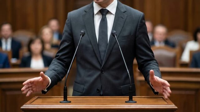 Faceless male official in formal suit standing at wooden rostrum with microphones and actively gesticulating during a public speech in front of an audience in a government building or courtroom
