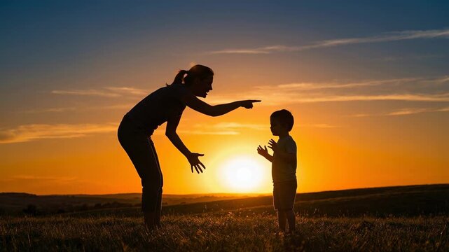 Silhouette of a frustrated mother arguing with her disobedient child, pointing her finger and scolding him as he cries during a beautiful sunset, representing family conflict and punishment