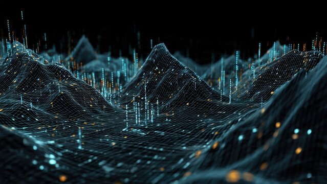 Digital Data Landscape with Glowing Nodes