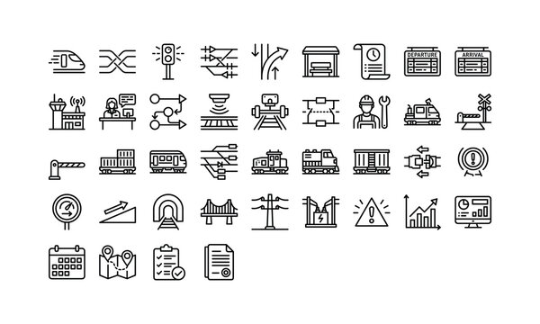Collection of black line representing railway transportation, infrastructure, and operations