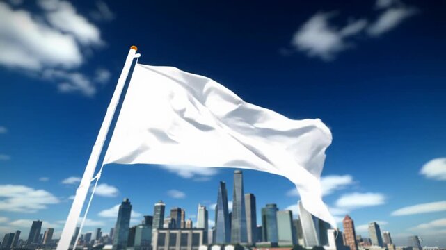 A pristine, brand-neutral flag unfurls against a deep blue, cloud-strewn sky from a low-angle wide video, with a silhouetted modern city skyline blurred below, embodying enduring strength and