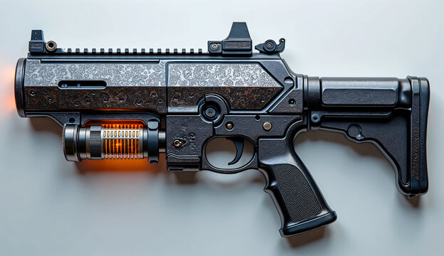 Sci-fi blaster gun with glowing orange details.