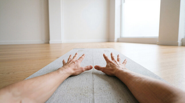 Yoga practice with hands reaching forward on mat in a serene space. Yoga session focuses on mindfulness and stretching in a bright room. Concept of relaxation and well-being through yoga practice.