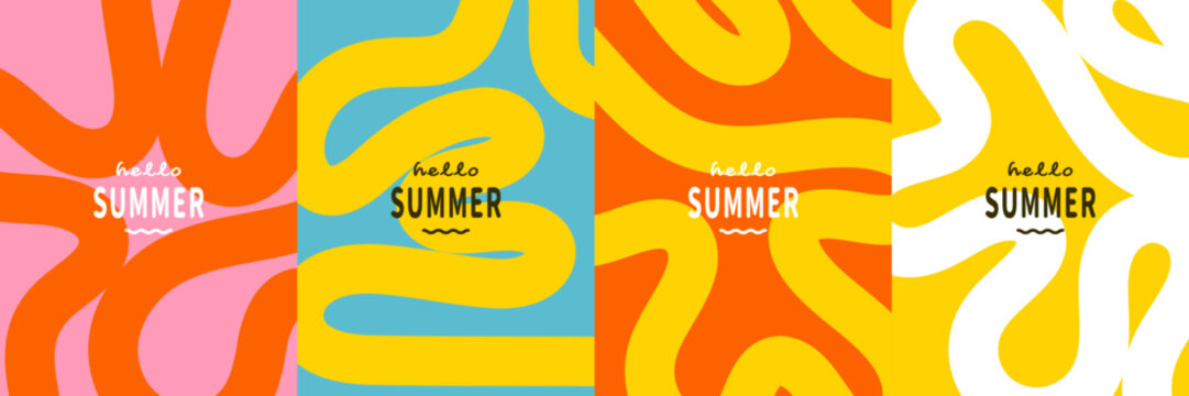 Abstract Hello Summer Poster Set With Wavy Lines, vibrant shapes : Colorful abstract summer poster set with bold organic shapes and hello summer text, perfect for seasonal designs, social media