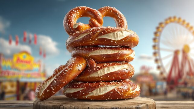 Tall Stack of Traditional Bread Pretzels on a Rustic Wooden Surface