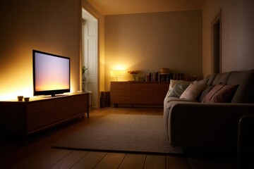 Fototapeta premium Modern lounge scene with warm TV glow and comfortable seating at dusk