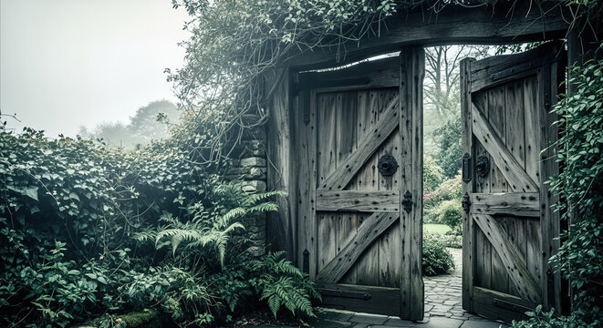 Rustic wooden gates open to a lush, mysterious garden veiled in fog, evoking enchantment and tranquility.