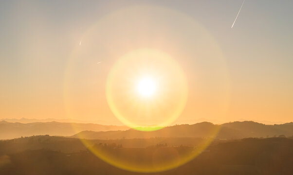 Sunset over rolling hills in Piemonte, northern Italy