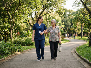Obraz premium Nurse walking with senior woman in a sunny park