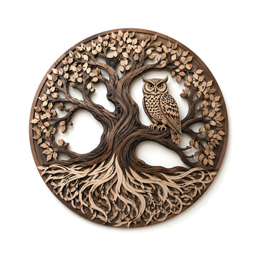 Wood Cut Art of an Owl Perched on a Tree of Life Circle, Zen Style Minimalist Wooden Wall Decor