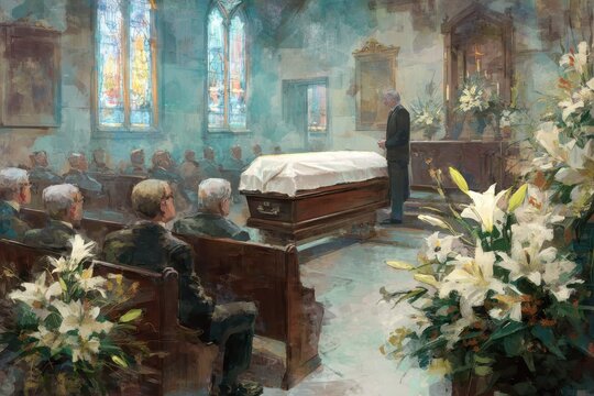 Somber church funeral scene with a closed coffin and grieving attendees in muted tones