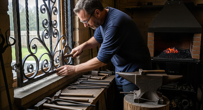 Blacksmith Working on Decorative Window Grill with Hammer and Tongs by Forge Light