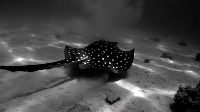Black and white underwater view of a beautiful spotted eagle ray gliding gracefully above sandy seabed