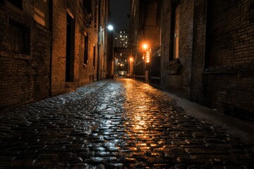 Naklejka premium Nighttime cobblestone alley in Chicago with moody brick walls and amber glow