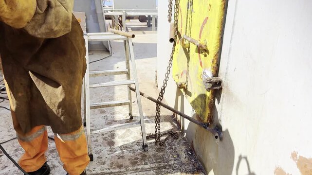 welding. ship fitter repair metal door at mast house. use chain block for lifting. spark, spangle, welding ark, weld joint 