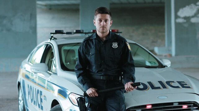 A police officer by their patrol car in a city, showcasing their role in maintaining order