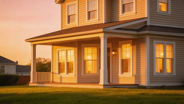 A stunning house with a spacious porch and a neatly trimmed lawn, set against a breathtaking sunset backdrop, representing a perfect home for a family, available for purchase with a mortgage or loan.