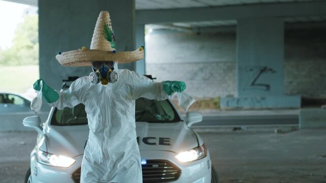 A man in a funny costume big hat dancing with drugs near the police car uniform protection auto duty emergency portrait challenge crime security, cop close up slow motion