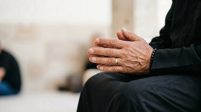Hands in prayer position during spiritual meditation session. Man engages in prayer with clasped hands while seated. Reflective moment captured during meditation practice for spiritual growth.