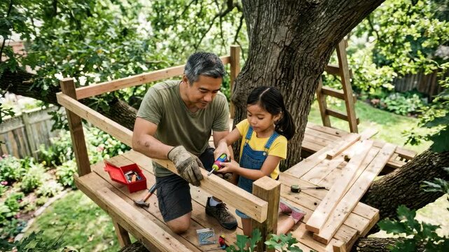 Father and daughter work together building a wooden treehouse with tools in a sunny backyard